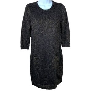M Daisy Fuentes Black Gold Glitter Knit Sweater Dress Cocktail Party Medium